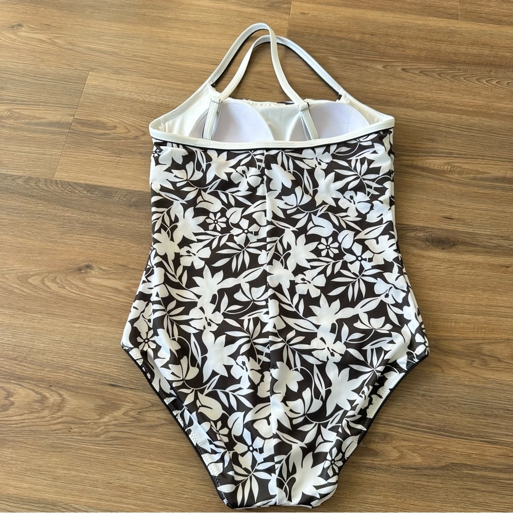Lands‎ End Floral One Piece Swimsuit 14 Black White Havana Built In Bra Modest - Picture 5 of 13